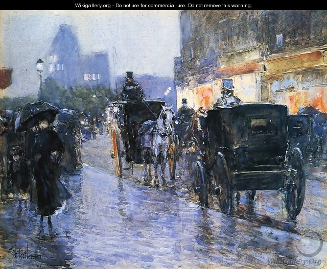 Horse Drawn Cabs at Evening, New York 2 - Frederick Childe Hassam