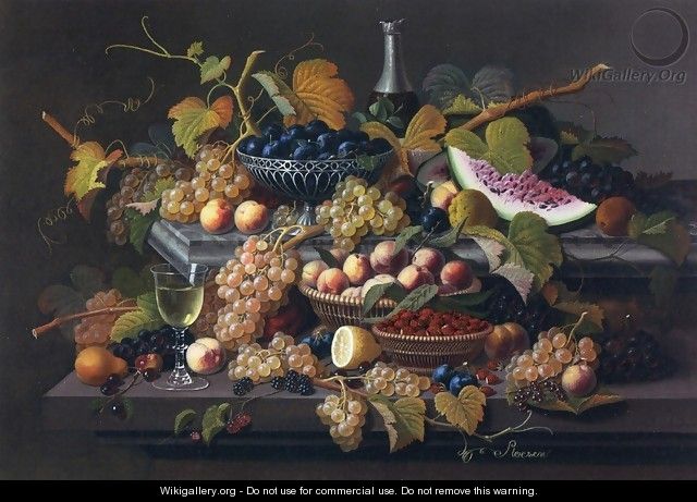 Elaborate Still Life with Silver Basket of Plums - Severin Roesen