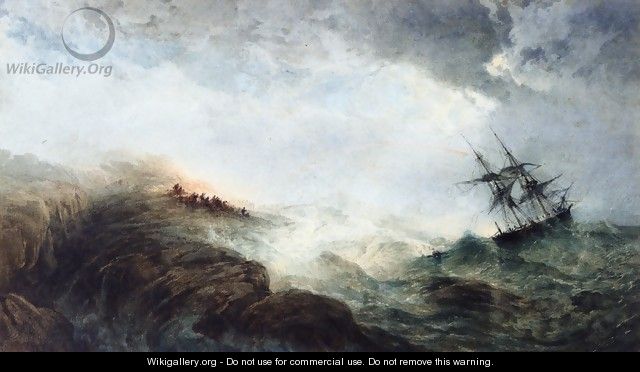 A Ship in Distress, with Figures n the Shore Firing a Rocket - Edward Duncan