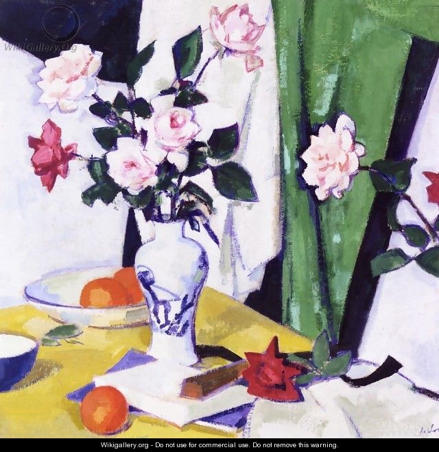 Still LIfe with Pink and Red Roses in a Chinese Vase - Samuel John Peploe