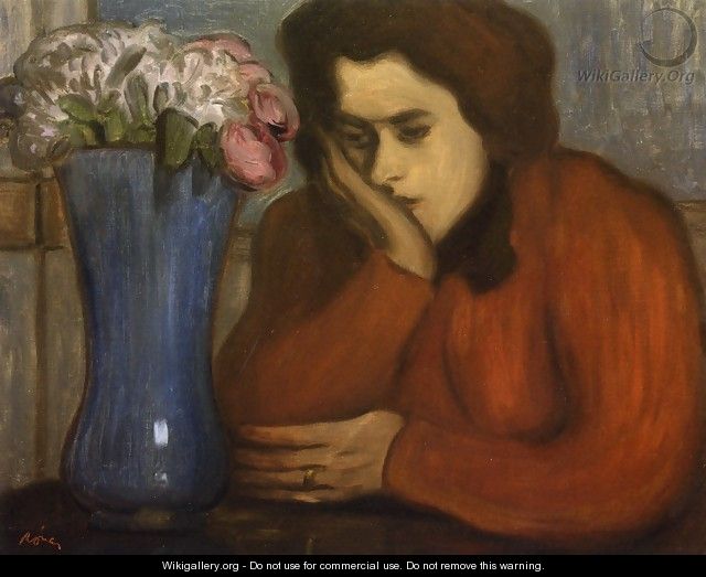 Pensive Woman with Vase of Flowers - Jozsef Rippl-Ronai