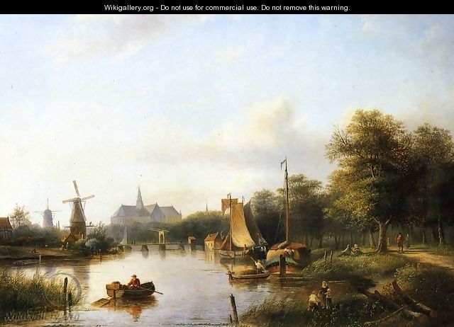 A View of the River Spaarne, Haarlem, with Moored Shipping and a Hay-Barge, the St. Bavo Church in the Background - Jan Jacob Coenraad Spohler