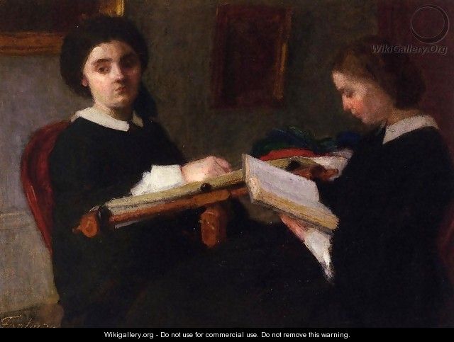 Two Young Women, Embroidering and Reading - Ignace Henri Jean Fantin-Latour