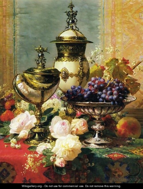A Still Life with Roses, Grapes and A Silver Inlaid Nautilus Shell - Jean-Baptiste Robie