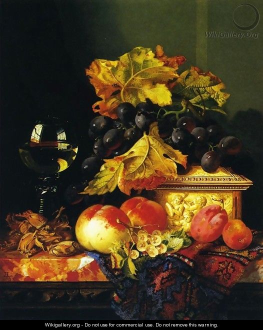 Black Grapes on a Carved Ivory Box, Peaches, Whitecurrants and Hazelnuts with a Hoch Glass on a Marble Ledge - Edward Ladell