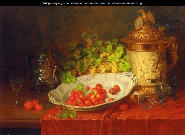 Strawberries, Grapes and an Ornamental Jug on a Draped Table - Karl Thoma-Hofele