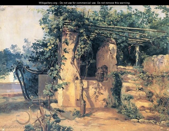 A Vine-Covered Terrace with a Well and a View of the Sea - Johann Baptist Kirner