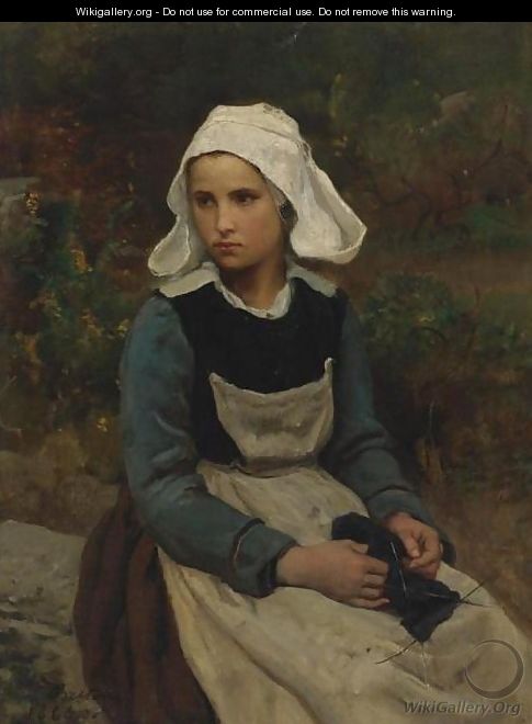 Young Brittany Girl Knitting - Jules (Adolphe Aime Louis) Breton