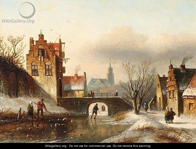 Figures on a Frozen Canal in a Dutch Town - Jan Jacob Coenraad Spohler