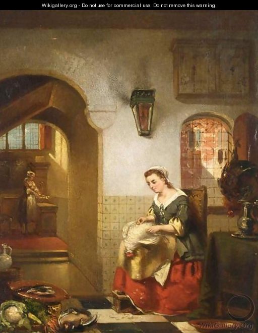 Women Preparing Dinner in a Kitchen Interior - Johannes Anthonie Balthasar Stroebel