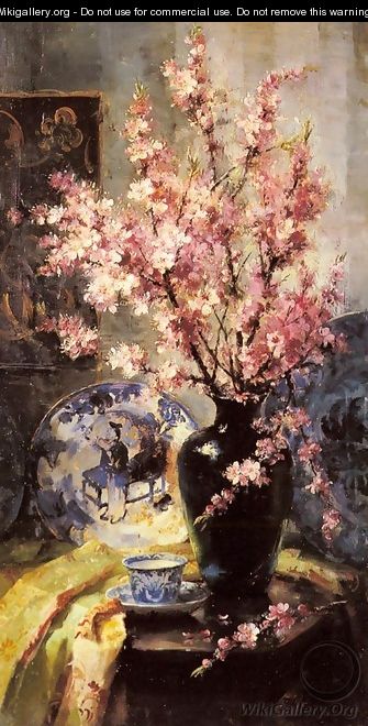 Apple Blossoms and Blue and White Porcelain on a Table - Frans Mortelmans