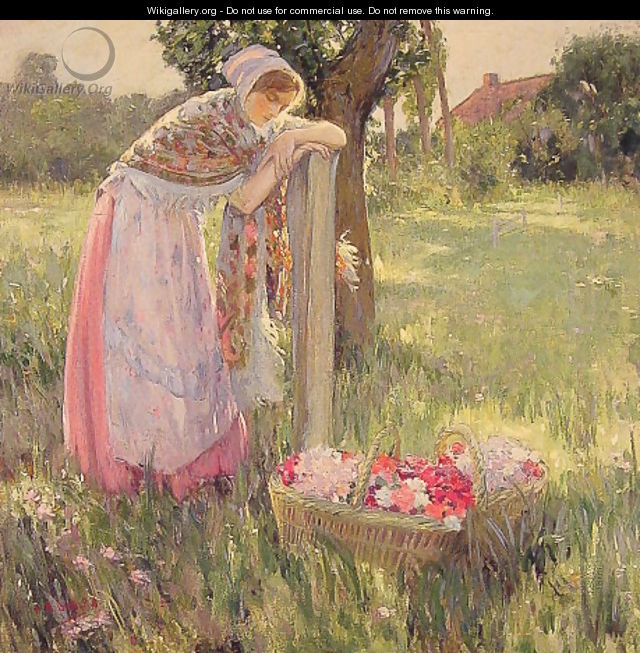 Resting by a Basket of Flowers - Myron G. Barlow