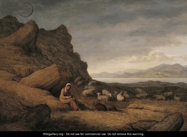 Lake Scene with Seated Figure and Sheep - John Glover