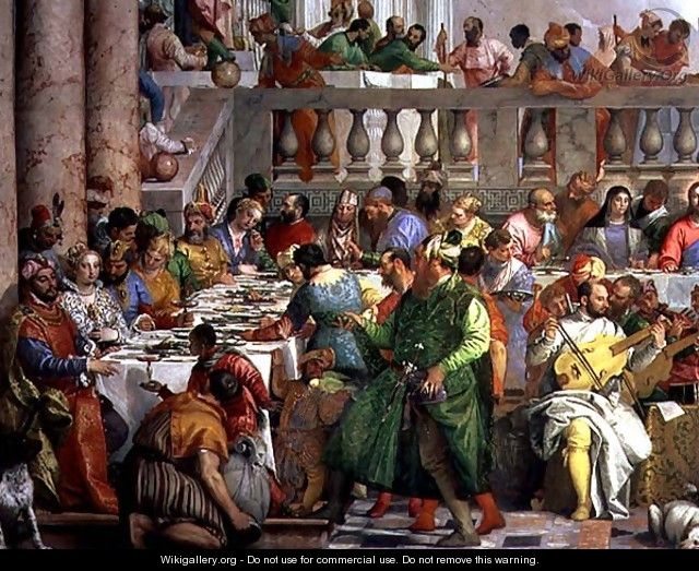The Marriage Feast at Cana, detail of banqueting table with man in a green robe and dwarf with a parrot, c.1562 - Paolo Veronese (Caliari)