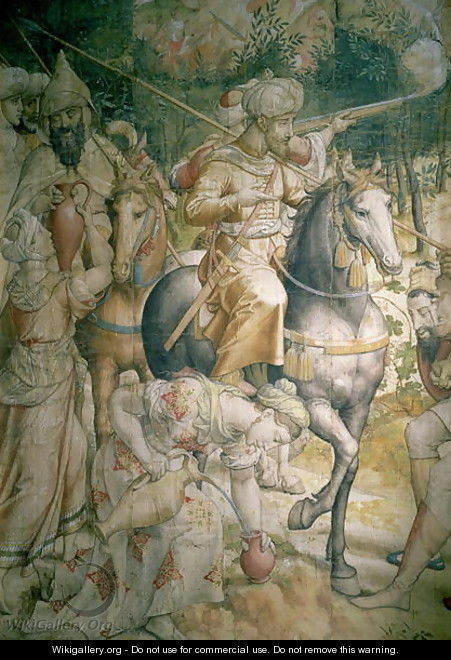 Campaign of Emperor Charles V against the Turks at Tunis in 1535 the defeat of the Turks at the battle of Goletta, detail of cavalrymen quenching their thirst, cartoon for a tapestry - Jan Cornelisz Vermeyen