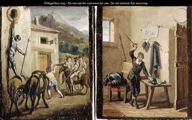 Don Quixote hanging from the window and preparing his armour, two scenes from the novel by Cervantes - Zacarias Gonzalez Velazquez
