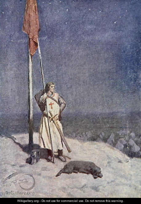 The Knight stands watch on St. Georges Mount with the banner of England, illustration from The Talisman A Tale of the Crusaders by Sir Walter Scott - Vedder Simon Harmon