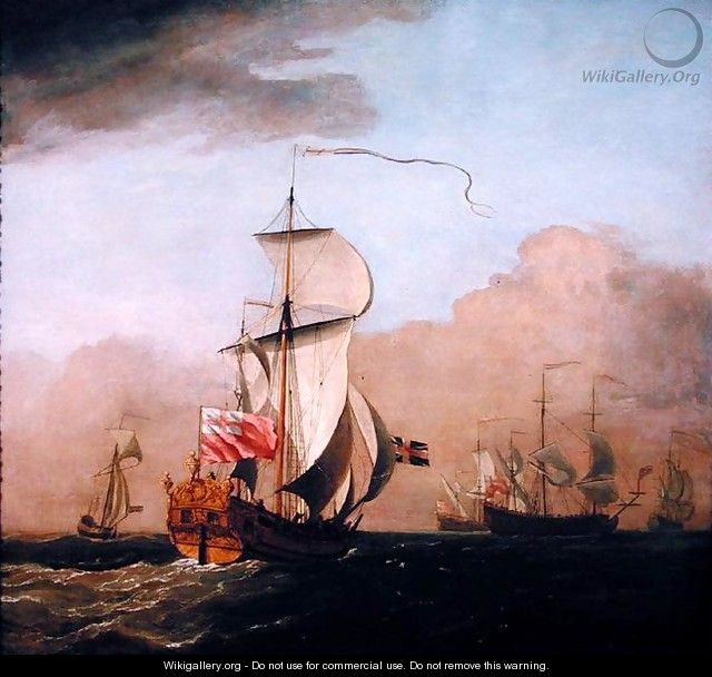 The Second Duke of Albemarles Ketch with a yacht to the left and three warships in the distance to the right - Willem van de, the Younger Velde