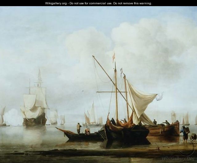 A Kaag and Smalschip near the Shore with a Ship Firing a Gun - Willem van de, the Younger Velde