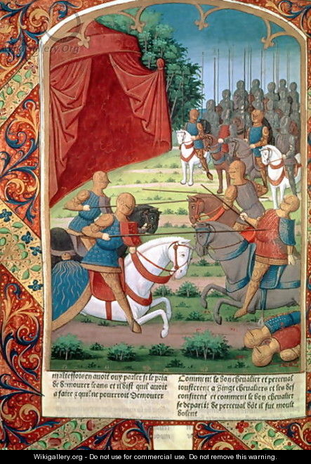 Sir Galahad helping his father, Sir Lancelot, fight twenty knights, before disappearing into the forest without saying who he was, from Lancelot du Lac, c.1490 - Antoine Verard