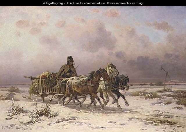 A peasant in a sledge driving three horses - Adolf van der Venne