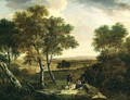 An extensive wooded landscape with peasants by a path, a town beyond - Dionys Verburgh
