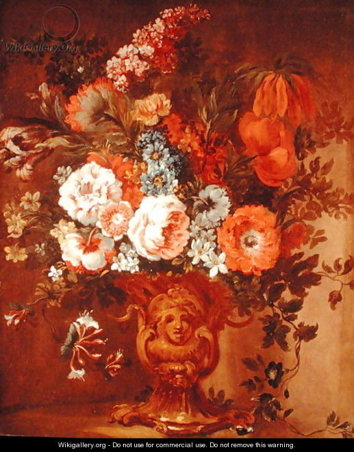 Roses, Poppies, Honeysuckle, Stock and Other Flowers in a Sculpted Vase - Gaspar Peeter The Elder Verbruggen