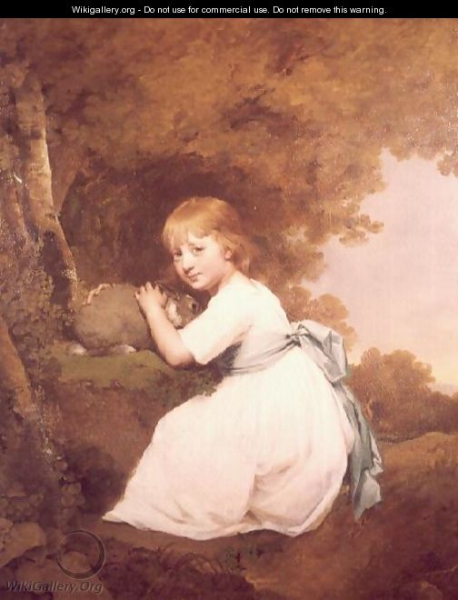 Miss Bentley in a white dress holding a rabbit - Josepf Wright Of Derby