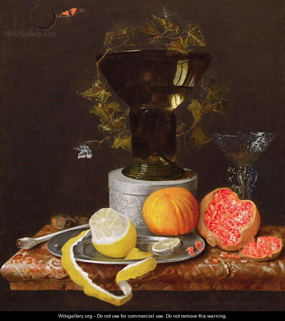 A Still Life with a Glass and Fruit on a Ledge - Wilhelm Ernst Wunder