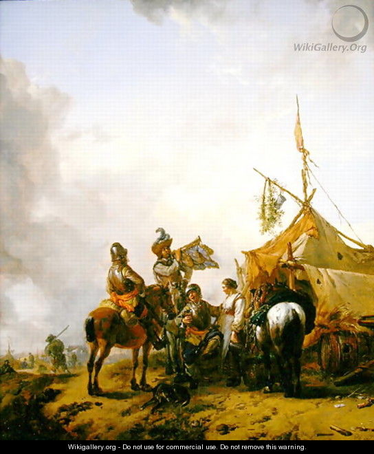Soldiers carousing with a serving woman outside a tent - Philips Wouwerman