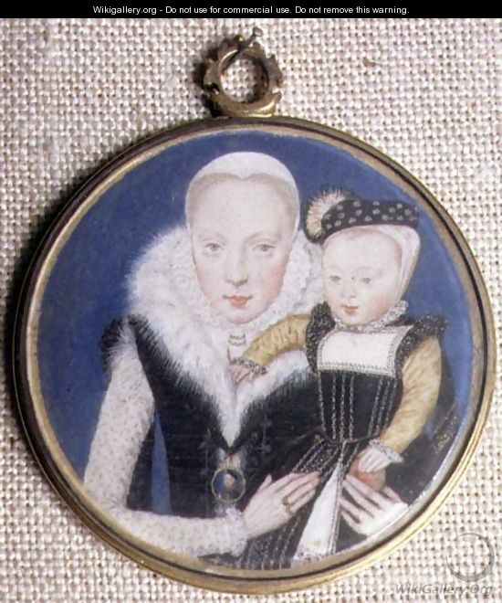 Portrait miniature of Lady Katherine Seymour, nee Grey c.1538-68 Countess of Hertford, holding her infant son and wearing her husbands miniature, c.1562 - Lievine Teerlink