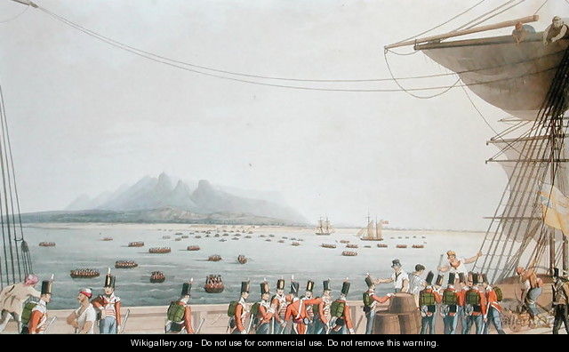 View from the Deck of the Upton Castle Transport, of the British Army Landing, 29th November 1810, from Sixteen Views of Places in the Persian Gulph, taken in the Years 1809-10 illustrative of the Proceedings of the Forces employd on the expedition sent - (after) Temple, R.