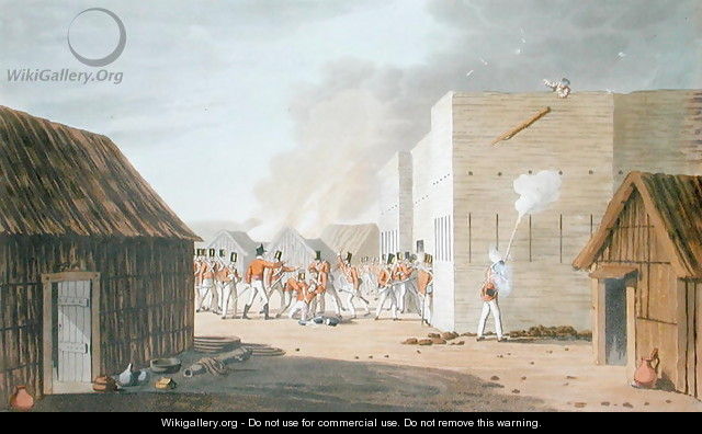 The Storming of a large Storehouse near Rus ul Khyma where Capt. Dancey of HM 65th Regt. was killed, November 13th 1809, from Sixteen Views of Places in the Persian Gulph taken in the Years 1809-10 illustrative of the Proceedings of the Forces employd o - (after) Temple, R.