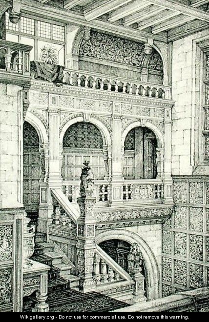 Staircase in Jacobean Style, from Examples of Ancient and Modern Furniture, by Bruce Talbert, 1876 - Bruce James Talbert