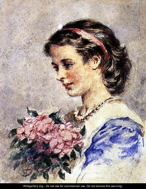 Young Girl with a Bunch of Pink Flowers - Edward Tayler