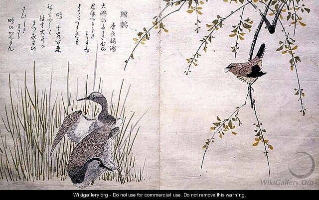 Wren and a pair of Snipe, from an album Birds compared in Humorous Songs, 1791 - Kitagawa Utamaro