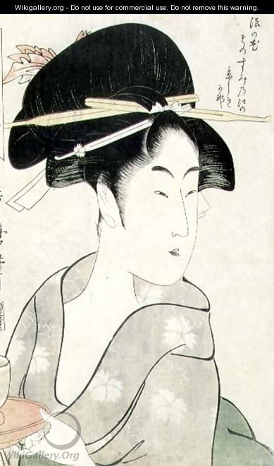 Riches 1913 Bust portrait of a woman holding a tea-cup, from the series Meisho Koshikake Hakkei - Kitagawa Utamaro