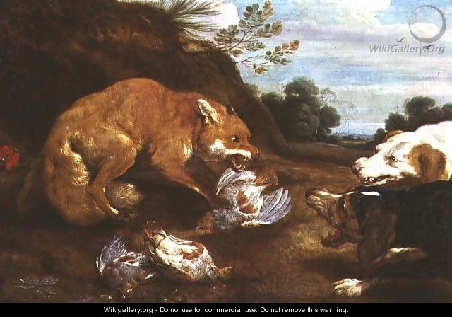 Fox and hounds fighting over partridges - Paul de Vos