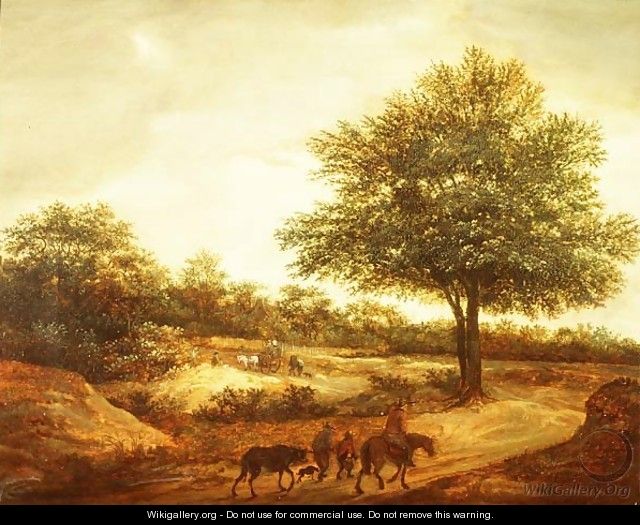 A wooded landscape with travellers on a path, a cottage beyond - Guillam de Vos