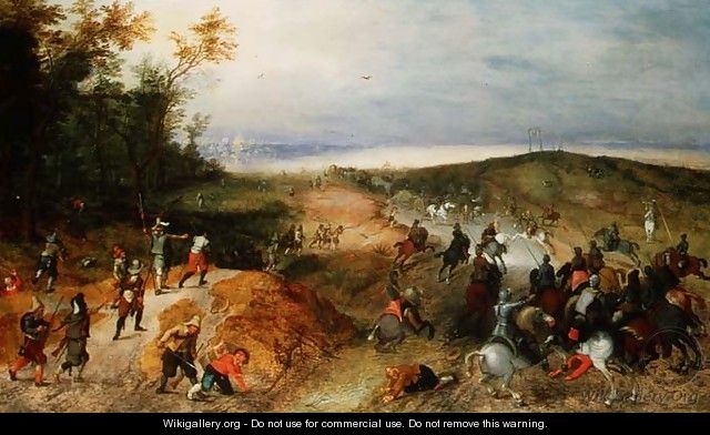 Cavalry attacking horse-drawn wagons - Sebastien Vrancx