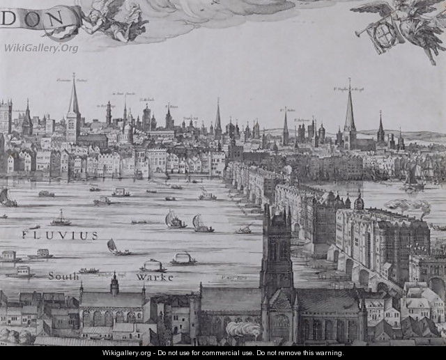 Panorama of London and the Thames, part three showing Southwark, London Bridge and the churches in the City, c.1600 - Nicolaes (Claes) Jansz Visscher