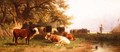 Cattle watering in a landscape - Friedrich Johann Voltz