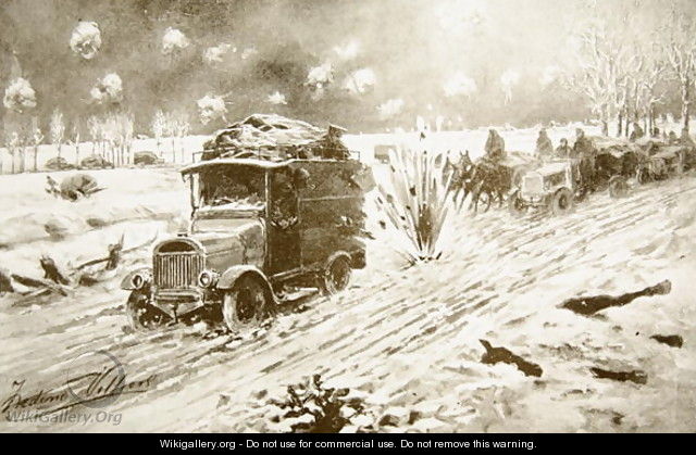British Transport train making its way under heavy shell fire along the snow-bound Ypres roads - (after) Villiers, Frederic