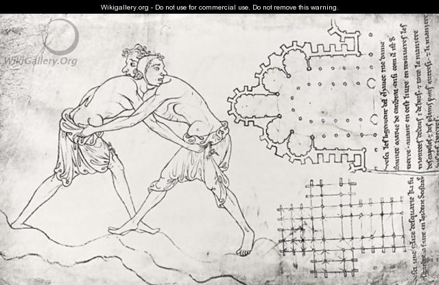 Two wrestlers, plan of a Cistercian church and plan of the choir of Notre-Dame de Cambrai - Villard De Honnecourt