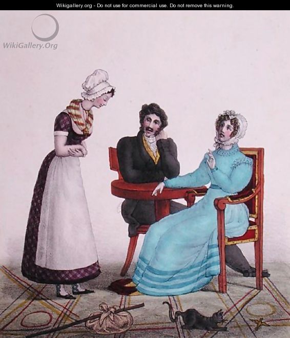 And above all else, be good, caricature of a couple talking to their maid before she leaves, c.1820-30 - Villain