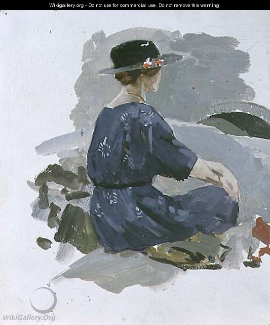 Woman in a blue dress and wide brimmed hat sitting upon rocks - Harry Watson