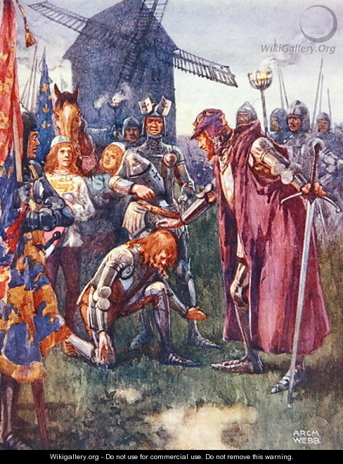The Prince to his Father kneels lowly: His is the battle - his wholly illustration from Ballads of Famous Fights, c.1900 - Archibald Webb