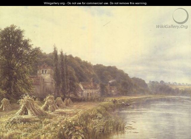 Riverside Village with figures fishing - Edmund George Warren