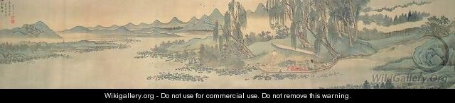Handscroll depicting a landscape with the colophon poem, Fishing in Willow Brook, Chinese, 1706 - Hui Wang