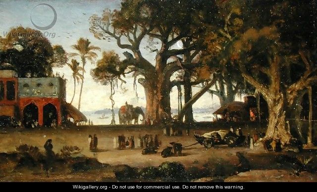 Moonlit Scene of Indian Figures and Elephants among Banyan Trees, Upper India (probably Lucknow) - Johann Zoffany